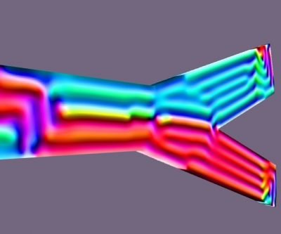 Half-skyrmion appearance in a Y-shaped magnetic nanostructure after the switching of its right arm.