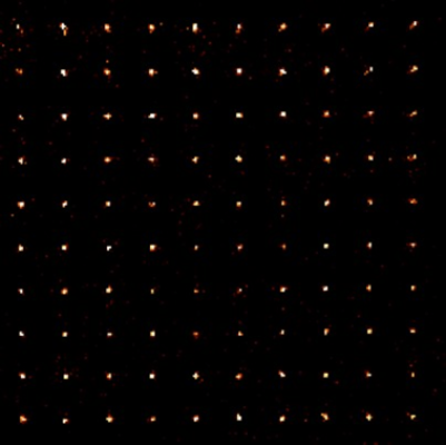 Fluorescencia de una matriz cuadrada de 100 átomos de rubidio individuales